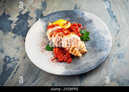 Tubes de calamars frits farcis de riz dans une sauce tomate hachée salsiccia servis en gros plan sur une assiette design avec espace de copie Banque D'Images