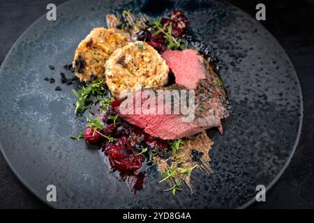 Selle traditionnelle de filet de venaison rôti avec boulettes de pain du Tyrol du Sud Banque D'Images
