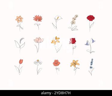 Fleurs icônes set rose, tulipe, cloche, camélia, jonquille, marguerite, calla, lavande, lis, pivoine, coquelicot, dessin de fleur de mur dans un style linéaire avec du noir et Illustration de Vecteur