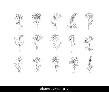 Fleurs icônes set rose, tulipe, cloche, camélia, jonquille, marguerite, calla, lavande, lis, pivoine, coquelicot, dessin de fleur de mur dans un style linéaire rond avec bla Illustration de Vecteur