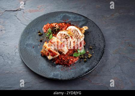 Tubes de calamars frits farcis de riz dans une sauce tomate hachée salsiccia servis en gros plan sur une assiette design avec espace de copie Banque D'Images