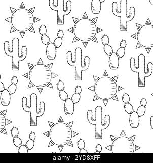 Motif de cactus et de soleil dessiné à la main en dessin au trait noir, vecteur Illustration de Vecteur