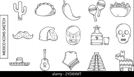 Symboles mexicains dessinés à la main comme taco, maracas et pyramide, vecteur Illustration de Vecteur