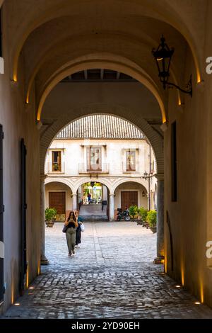 Arche sur la rue pavée étroite Barrio de El Arenal, Séville, Andalousie, Espagne. Banque D'Images