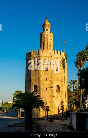 Torre del Oro (Tour d'Or) Tour de guet du moyen âge, Séville, Andalousie, Espagne. Banque D'Images