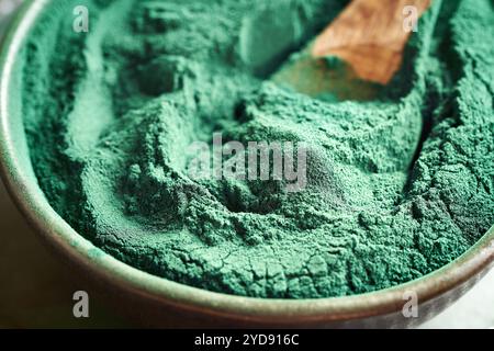 Poudre d'algues spiruline verte dans un bol, gros plan Banque D'Images