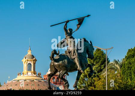 Statue de El Campeador Monumento al CID, monument El CID, près du parc María Luisa, Séville, Andalousie, Espagne. Banque D'Images