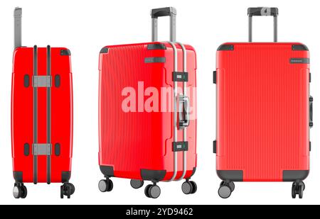 Bagage rouge Hardside avec roues pivotantes et poignée télescopique. Vues de face et de côté, rendu 3D isolé sur fond blanc Banque D'Images