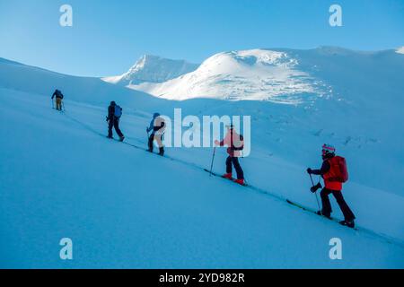 Les skieurs de l'arrière-pays grimpent en une seule ligne et remontent la pente enneigée des montagnes, avec un soleil éclatant sur la neige. Banque D'Images