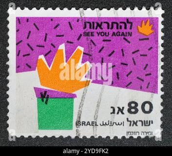 Timbre-poste annulé imprimé par Israël, qui montre timbres de voeux timbres-à nouveau vers 1992. Banque D'Images