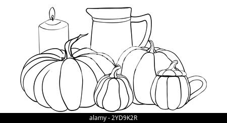 Croquis linéaire d'une composition de citrouille et d'épis de blé dans la cruche. Légumes d'illustration d'automne peints à l'encre noire. Tracé linéaire de contour Illustration de Vecteur