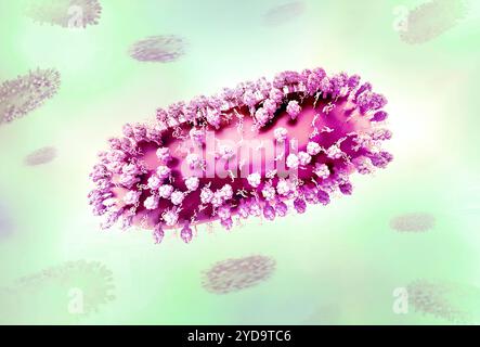 Mise en page créative présentant des rendus 3D du virus respiratoire syncytial RSV, un virus contagieux commun qui infecte les voies respiratoires humaines. Virus respiratoire syncytial humain RSV 016867 301 Banque D'Images