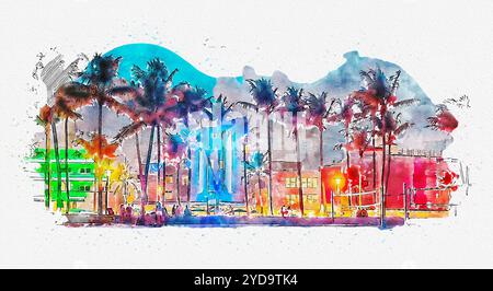 Illustration aquarelle des hôtels et restaurants Ocean Drive au coucher du soleil. Horizon de la ville avec des palmiers la nuit. Art déc Banque D'Images