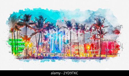 Illustration aquarelle des hôtels et restaurants Ocean Drive au coucher du soleil. Horizon de la ville avec des palmiers la nuit. Art déc Banque D'Images