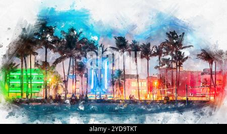 Illustration aquarelle des hôtels et restaurants Ocean Drive au coucher du soleil. Horizon de la ville avec des palmiers la nuit. Art déc Banque D'Images