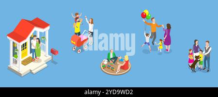 3D Isomtric Flat illustration conceptuelle de Happy Family Set, jouer et profiter du temps ensemble 3D Isomtric Flat Conceptual Banque D'Images