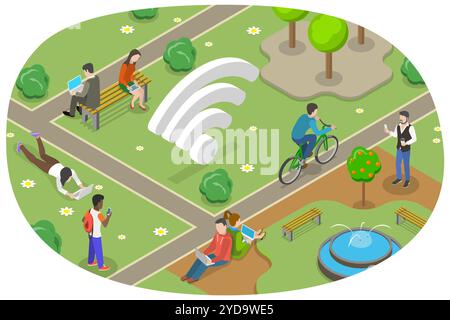 3D Isomtric Flat illustration conceptuelle de WiFi gratuit, public Free Wi-Fi Hotspot zone 3D Isomtric Flat Conceptual Illustrati Banque D'Images