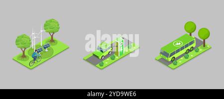 Illustration conceptuelle 3D Isométrique plate du transport durable, véhicules écologiques verts Illus conceptuel 3D Isométrique plate Banque D'Images