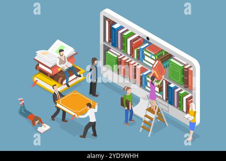 Illustration conceptuelle 3D Isométrique plate de la bibliothèque en ligne, lecture numérique et apprentissage en ligne Illus conceptuel 3D Isométrique plat Banque D'Images