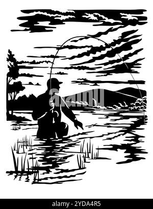 Scherenschnitte suisse ou ciseaux coupé illustration de la silhouette d'un pêcheur pêcheur à la ligne pêchant à la mouche dans Rock Creek situé à Missoula et Granite Coun Banque D'Images