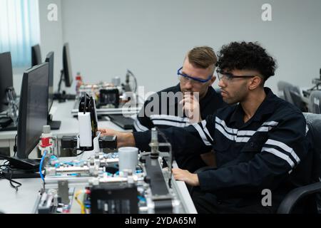 Le professeur de technologie de la main robotisée enseigne aux nouveaux étudiants comment utiliser les cartes de circuits électroniques et la commande manuelle robotisée Banque D'Images