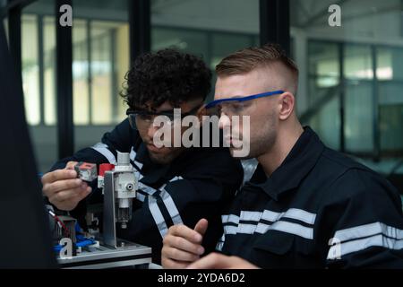 Le professeur de technologie de la main robotisée enseigne aux nouveaux étudiants comment utiliser les cartes de circuits électroniques et la commande manuelle robotisée Banque D'Images