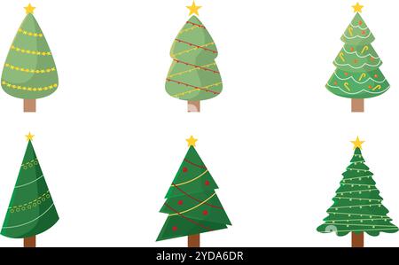 Set icône des arbres de Noël décorés avec étoile et ornements, vecteur Illustration de Vecteur