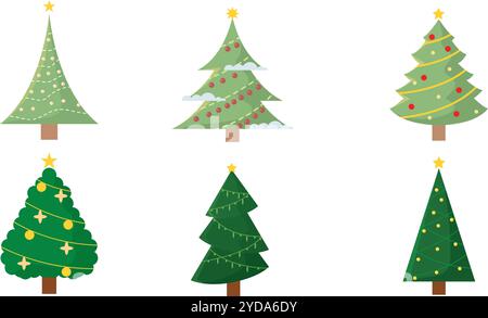 Set icône des arbres de Noël décorés avec étoile et ornements, vecteur Illustration de Vecteur