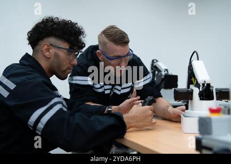 Le professeur de technologie de main robotique enseigne aux nouveaux élèves comment construire des mains robotiques pour une variété d'appl industrielles Banque D'Images