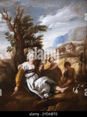 Domenico Fetti peinture ; Adam et Eve au travail, vers 1618-1620. Peinture baroque italienne et artiste ; peinture à l'huile du XVIIe siècle. Huile sur bois Banque D'Images