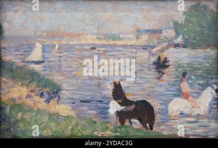 Georges Pierre Seurat, ou peinture Georges Seurat, 'chevaux dans l'eau' c1883 ; peintre post-impressionniste, France du XIXe siècle Banque D'Images