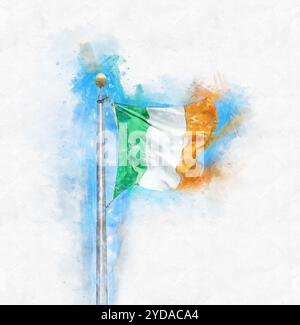 Illustration de peinture à l'aquarelle de vol tricolore irlandais en plein soleil contre le ciel Banque D'Images