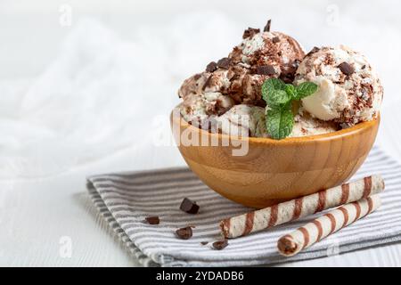 Glace au chocolat et à la vanille maison servie avec des pépites de chocolat et un brin de menthe, gros plan. Banque D'Images