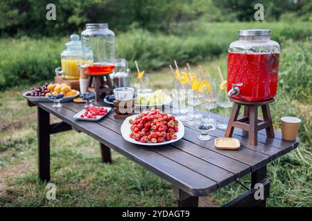 Une table en bois avec des baies et des fruits sucrés, des pots de jus fraîchement pressé et des verres vides Banque D'Images