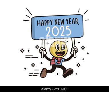 Bonne année 2025 personnage de dessin animé tenant un signe. Illustration festive de style doodle vectoriel Illustration de Vecteur