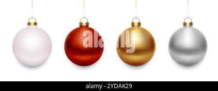 Jeu de vecteur boules de Noël. Boules brillantes 3D brillantes en rouge, blanc, or et argent. Ornements de décoration de vacances d'hiver. Illustration de Vecteur
