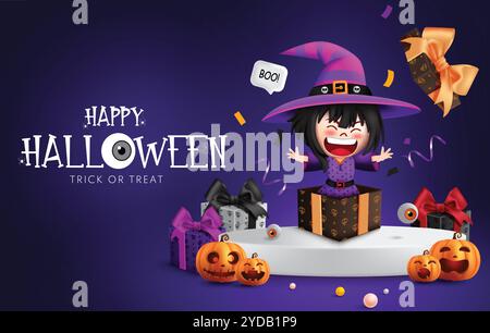 Joyeux design vectoriel de texte halloween. Scène de podium d'Halloween avec cadeau surprise présent et personnage de fille de sorcière pour fond d'affichage de produit. Vecteur Illustration de Vecteur