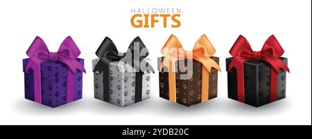 Halloween cadeaux éléments vecteur set design. Boîtes cadeaux Halloween avec motif de crâne et ruban élégant isolé sur fond blanc. Vecteur Illustration de Vecteur