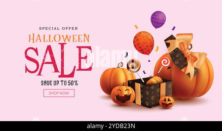 Conception de bannière vectorielle de texte de vente d'Halloween. Offre spéciale Halloween réduction shopping avec citrouilles et bonbons boîte cadeau éléments décoration. Vecteur Illustration de Vecteur