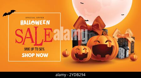 Conception de bannière vectorielle de texte de vente d'Halloween. Texte de l'offre spéciale Halloween pour l'offre de réduction de vacances avec des boîtes cadeaux et des éléments de citrouilles. Vecteur Illustration de Vecteur