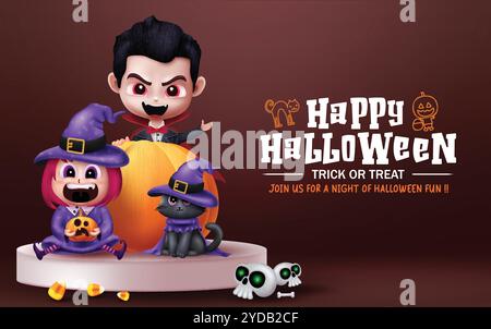 Conception vectorielle de texte heureux d'Halloween. Scène de podium d'Halloween avec des personnages de costume de vampire, de sorcière et de chat pour une publicité saisonnière de tours ou de gâteries Illustration de Vecteur