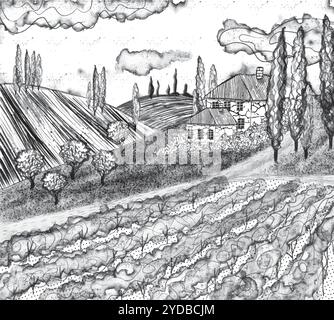 Un paysage magnifiquement esquissé qui met en valeur des collines ondulantes en arrière-plan et une ferme sereine à proximité. Graphismes vectoriels en noir et blanc dessinés à la main en dessin au trait pour les matériaux imprimés, les intérieurs et plus encore. Illustration de Vecteur