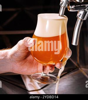 Barman versant de la bière fraîche dans un verre dans un pub Banque D'Images