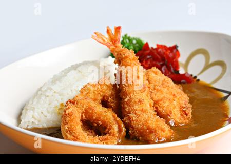 Fruits de mer Tempura Curry riz style japonais sur fond blanc Banque D'Images