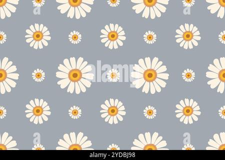 Un motif répétitif de marguerites blanches avec des centres jaunes sur un fond gris. Illustration de Vecteur