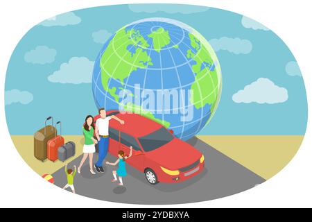 Illustration conceptuelle plate isométrique 3D de voyage en voiture en famille, famille heureuse en vacances. Illustration conceptuelle plate 3D Isométrique Banque D'Images