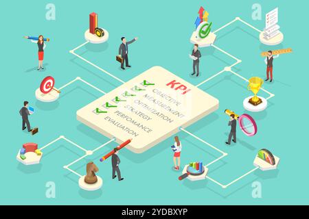 Illustration conceptuelle 3D isométrique plate de l'indicateur de performance clé - indicateur de performance clé, type de mesure de performance. 3D isométrique plat Banque D'Images
