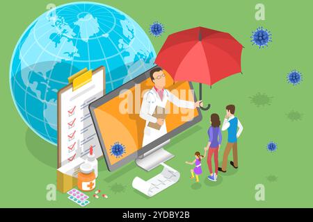 3D Isométrique plat illustration conceptuelle de Coronavirus consultation en ligne, Internet Medical Service, télémédecine. Isomet 3D. Banque D'Images