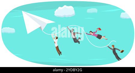 Concept isométrique de réalisation des objectifs. L'équipe entreprises s'envole vers sa cible dans l'avion du livre blanc. Stratégie d'efficace Banque D'Images