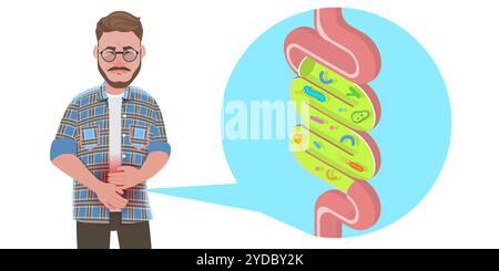 3D Isométrique plat illustration conceptuelle de l'inflammation intestinale, système digestif faible. Illustration conceptuelle plate 3D Isométrique Banque D'Images